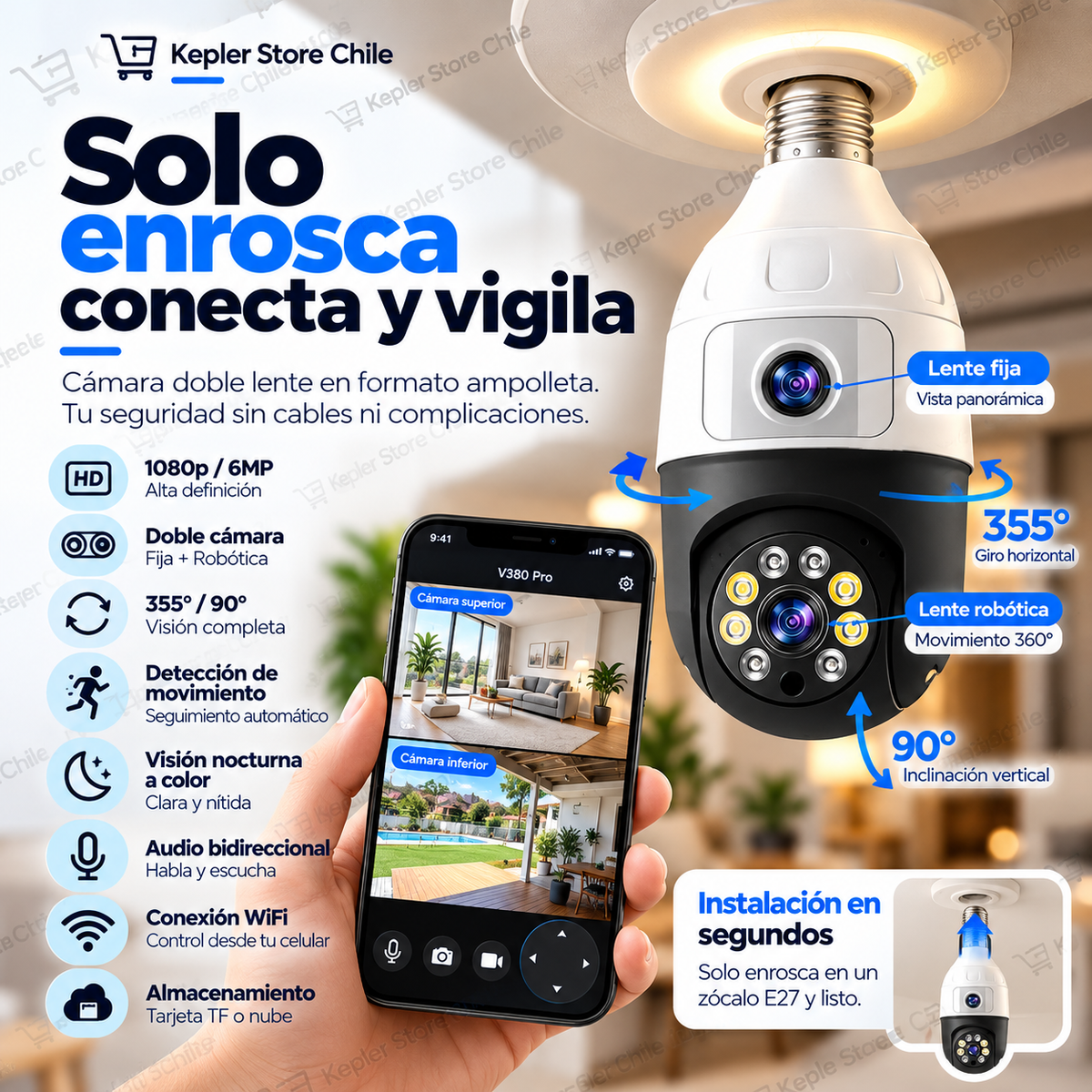 Cámara Doble Lámpara Wifi 360°